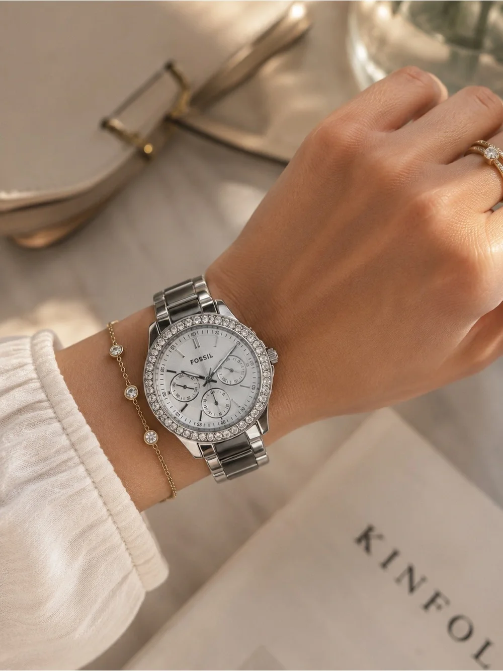 Fossil Stella ES2860 Silver Crystal Bezel Stainless Steel Watch